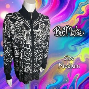 Bob Mackie Wearable Art Size M Printed Zip Front Sweater Knit Cardigan